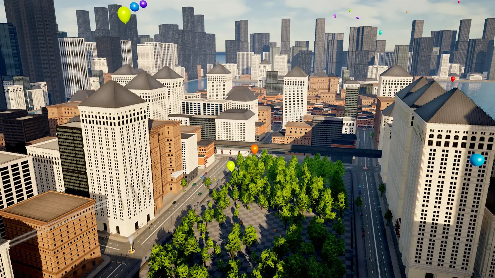 Flying over the city, balloons in the air